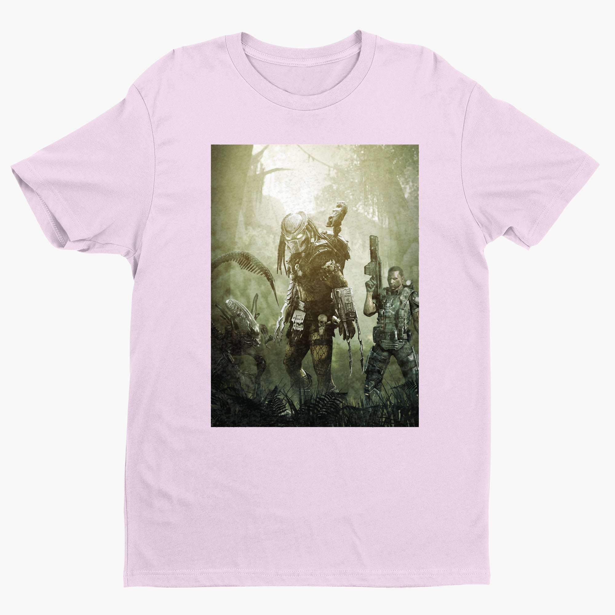 Aliens vs. Predator predator promo art tee — light pink unisex t-shirt, front view